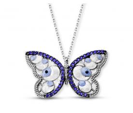 Trendtak mavi beyaz kelebek gümüş kolye