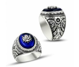 Trendtak Erzurum el işçiliği osmanlı armalı mavi taşlı gümüş yüzük