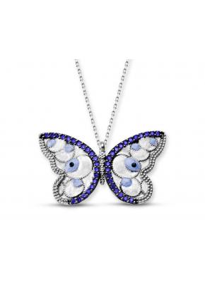 Trendtak mavi beyaz kelebek gümüş kolye
