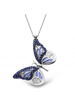 Trendtak mavi kelebek  gümüş  kolye