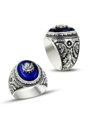 Trendtak Erzurum el işçiliği osmanlı armalı mavi taşlı gümüş yüzük